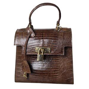 Mini Brown Leather Handbag Hermes Birkin Style with Lock & Key 6.75"x 6.25"x3.5"